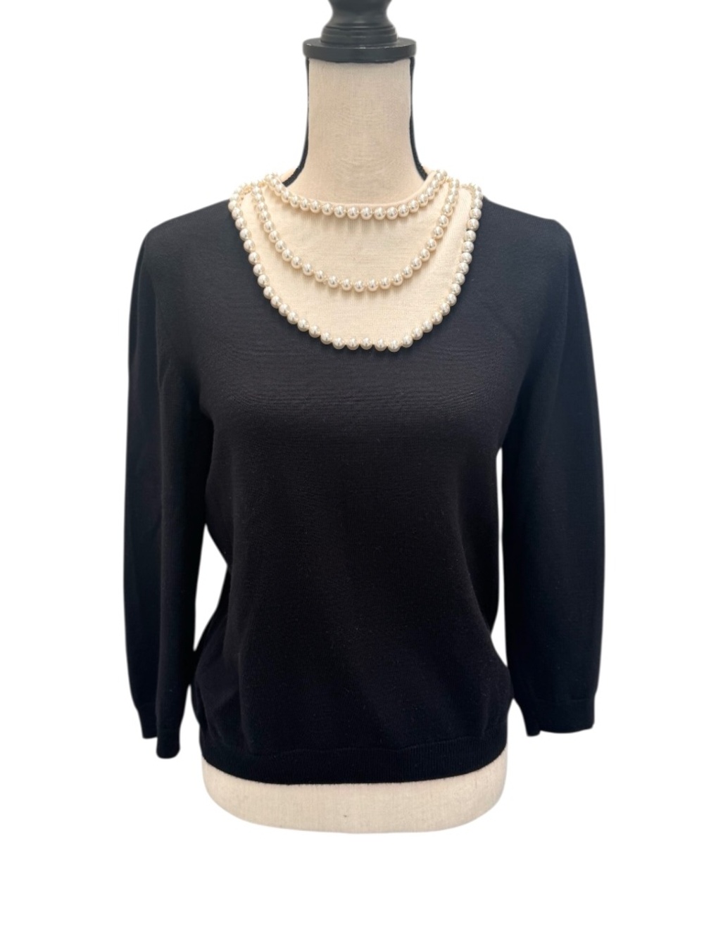 MOSCHINO BLACK & BEIGE WOOL KNIT SWEATER W PEARL NECKLACE TROMPE L'OEIL INSET